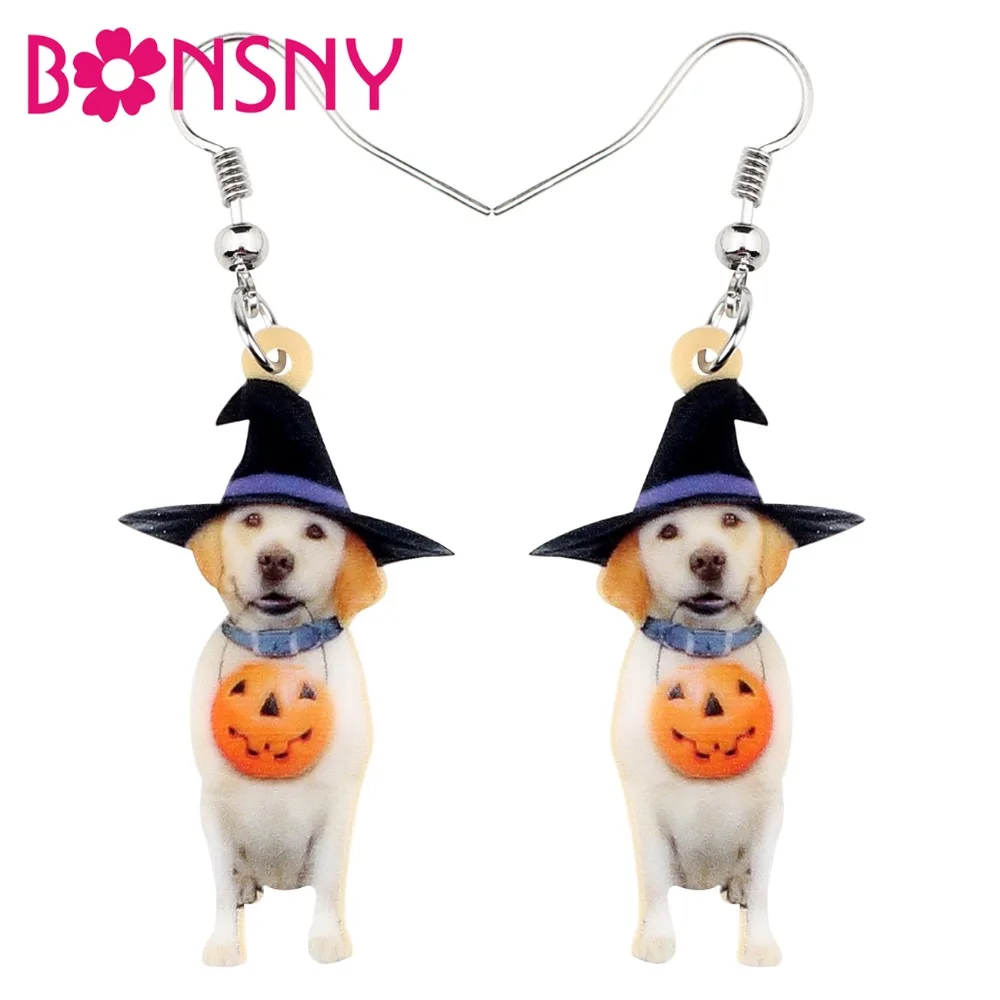 

Bonsny Acrylic Halloween Sweet Pumpkin Labrador Dog Earrings Drop Dangle Fashion Animal Jewelry For Women Girl Gift Wholesale