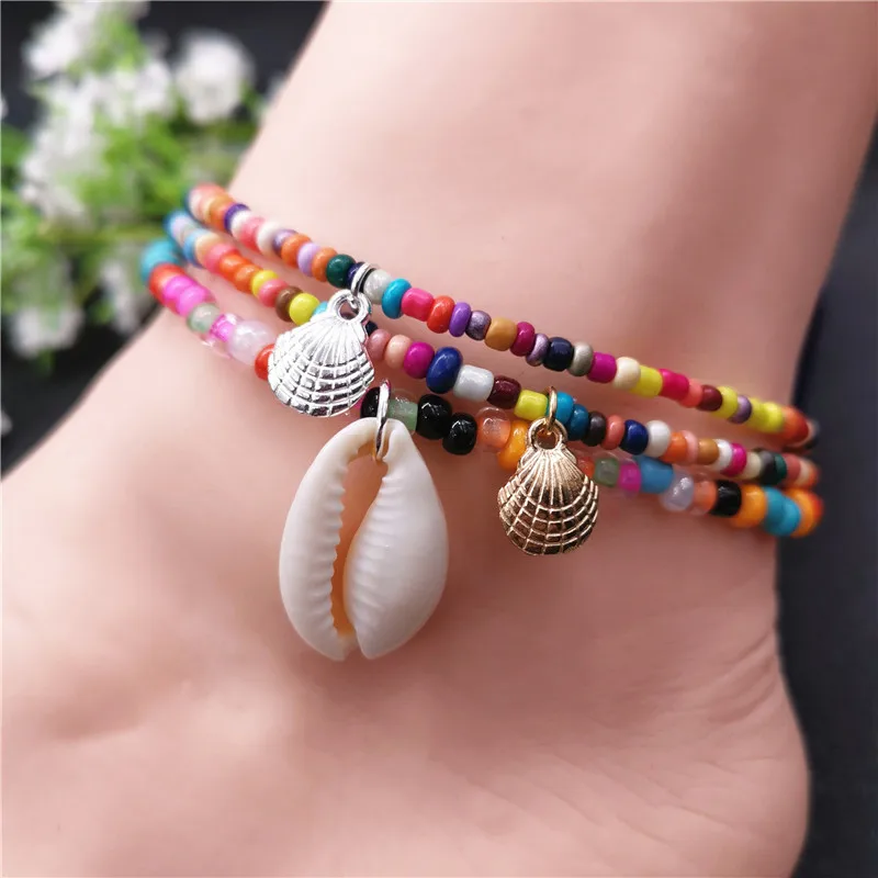 

Vintage Colorful Beads Cowrie Shell Anklet for Women Bracelet on The Leg Gold Silver Color Ankle Chain Beach Foot Jewelry 2019