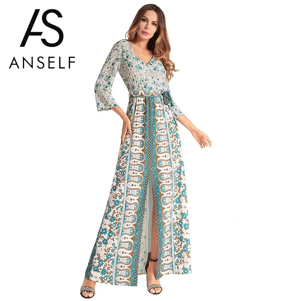 

Anself Vintage Women Maxi Long Dress Geometric Print Split Three Quarter Sleeve Robe V-Neck High Waist Belt Boho Elegant Dresses