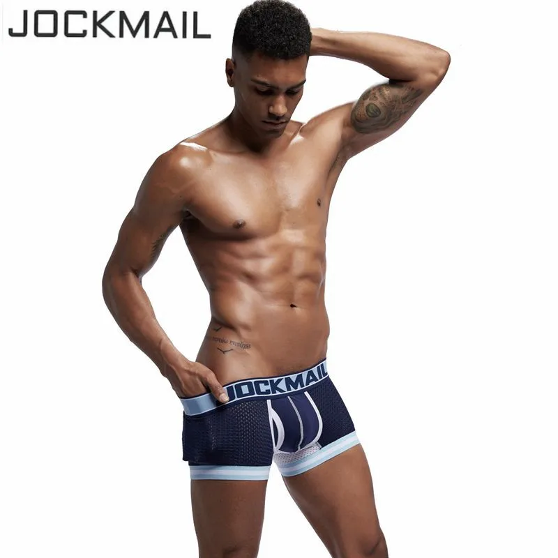 JOCKMAIL Марка мужское нижнее белье, боксеры, спортивные шорты, легкие, с Шорты нейлоновая сетка шорты cueca сексуальный бренд, легкие, с мешочком для пениса, бумажный стаканчик Мужской трусики для геев