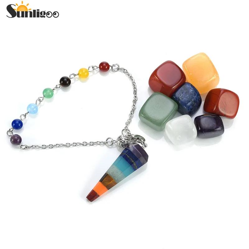 

Sunligoo Chakra Crystal Healing Stones Pendulum Kit With Chakra Dowsing Pendulum + 7 Chakra Palm Stones Reiki Energy Stone Decor