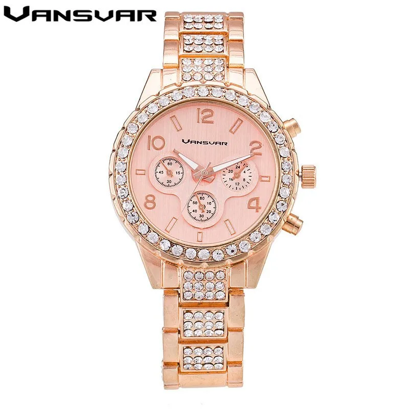 

Vansvar Brand Rose Gold Watch Luxury Women Dress Rhinestone Crystal Quartz Watch Women Stainless Steel Alloy Wristwatches