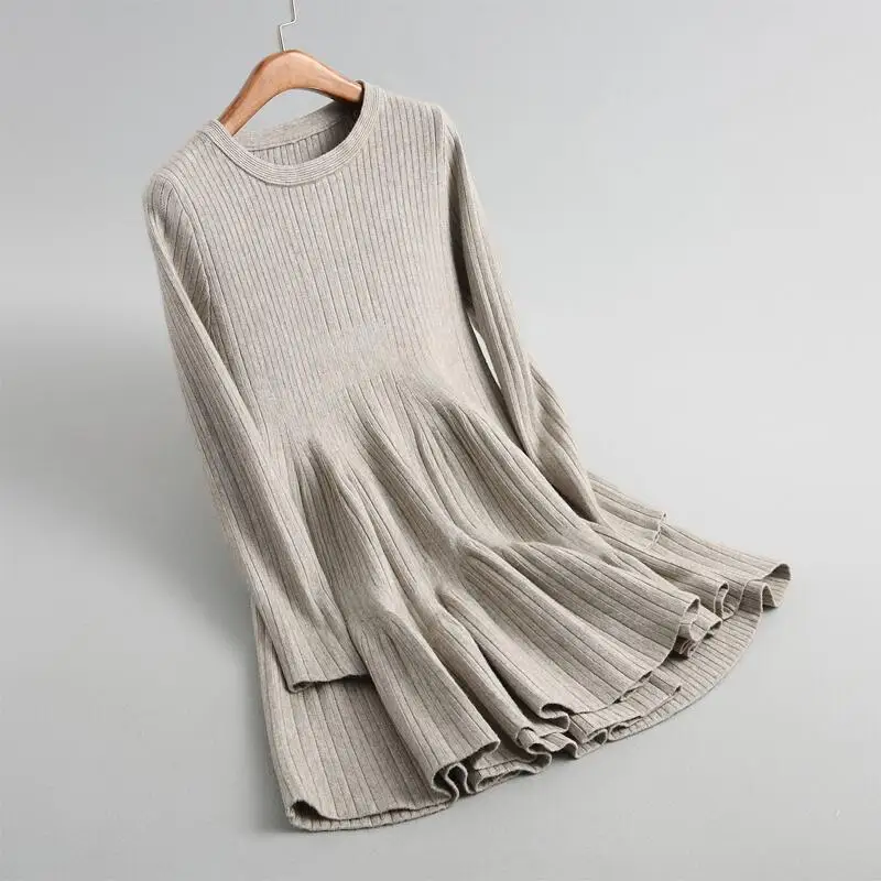 Осеннее женское Повседневное платье, однотонное вязаное Плиссированное мини толстое платье-свитер - Цвет: Хаки