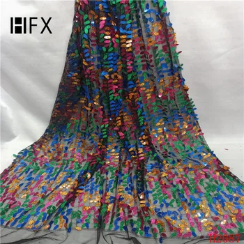 

HFX Sequins Lace Fabric 2019 High Quality African Evening Dress Fabrics New Nigeria Sequined Embroidered Mesh Net Lace Fabric