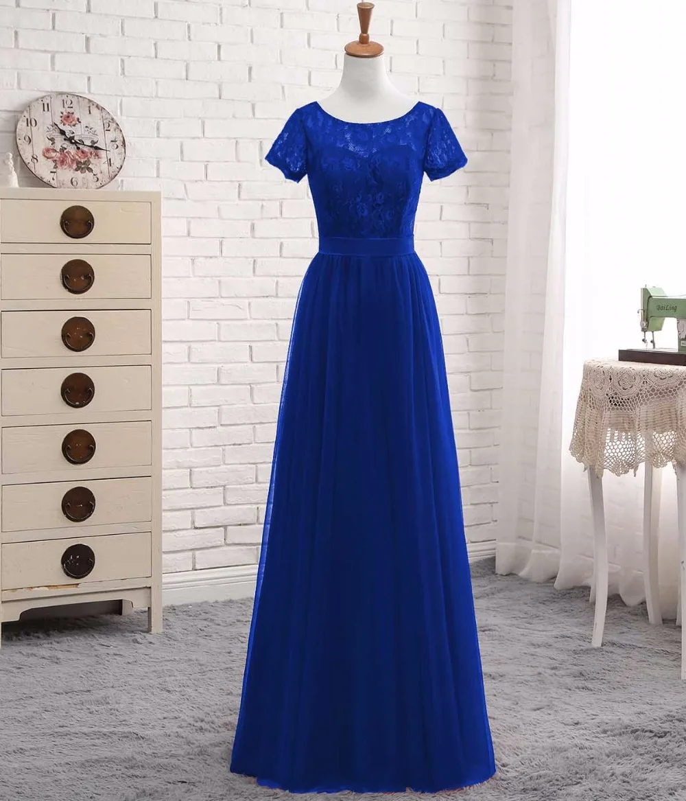 Elegant Short Sleeves A Line Teal Tulle Lace With Sash Bridesmaid Dress