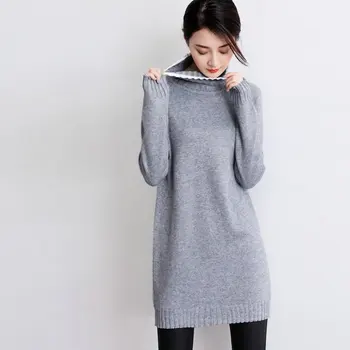 

Women Long Turtleneck Cashmere Knitted Sweaters And Pullovers Female Warm Jumpers Autumn Winter Grey Black Loose Sweater Dress