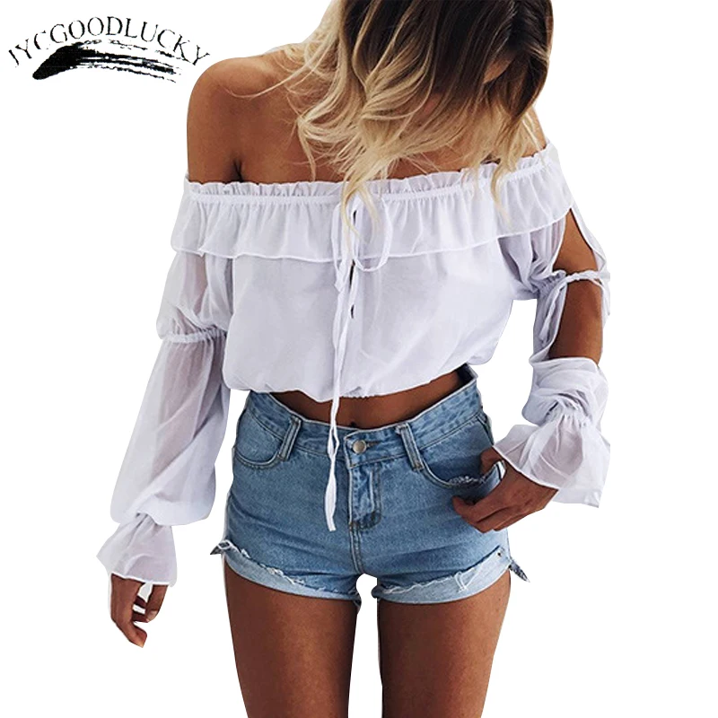 

Summer Short Top Women Blouses Beach Hollow See Through Sexy Women Blouse Crop Top Bandage Shirts Blouse For Women Off Shoulder