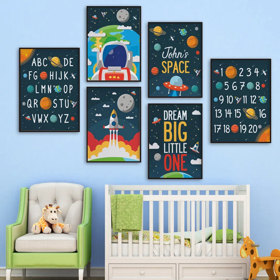 

Custom name Astronaut Alphabet Numbers Nursery Wall Art Canvas Painting Posters And Prints Wall Pictures Baby Kids Room Decor