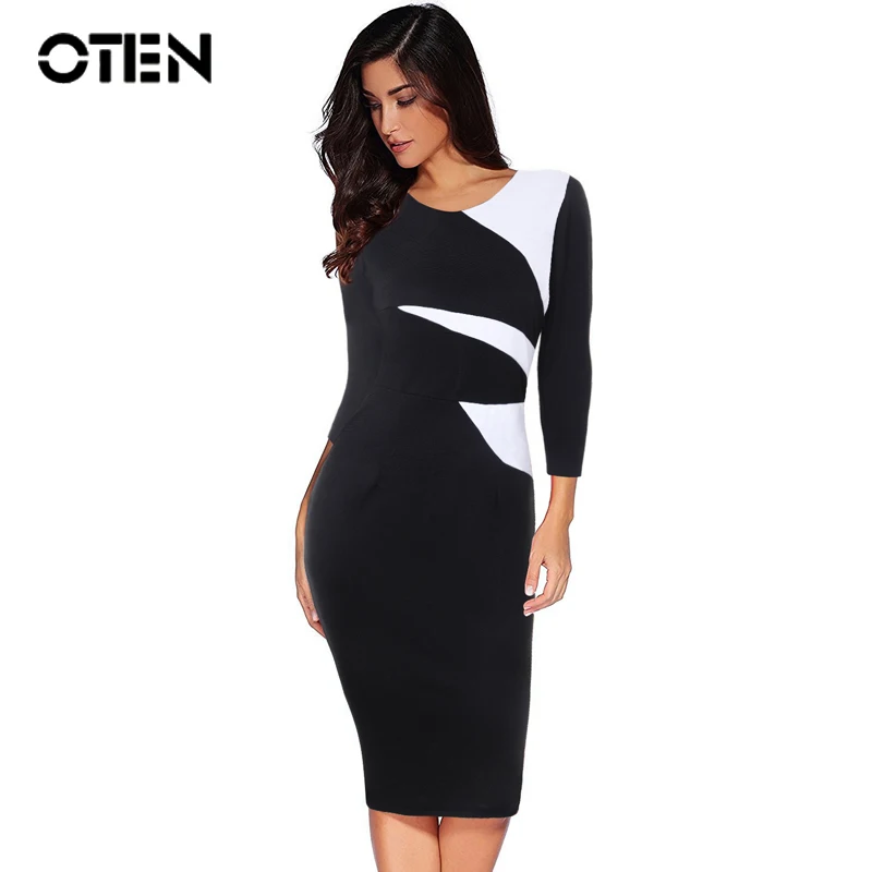 

OTEN 2018 Autumn Black White Contrast color 3/4 Sleeve O-Neck bodycon Sexy Back Zipper Slim Knee-Length Midi Pencil dress work