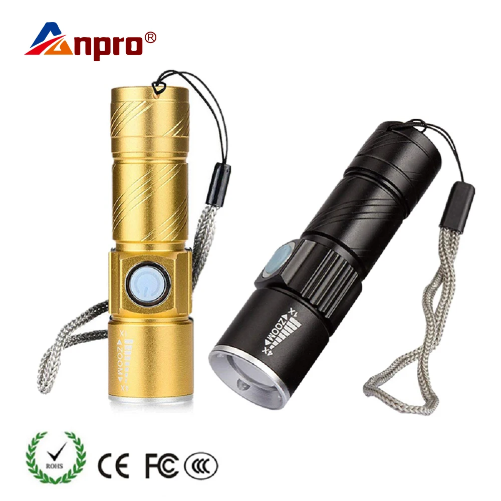 

Anpro Mini USB LED Flashlight Torch Outdoor Camping Light Rechargeable Waterproof Zoomable Lamp Bicycle 3 Mode Handy Flash Light
