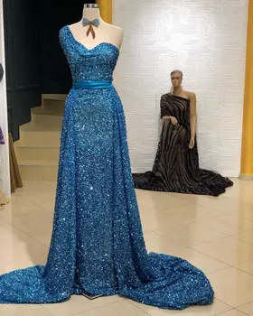

Sequin Blue Evening Dress A-Line One Shoulder Sleeveless Long Evening Dresses New Special Formal Party Gowns Vestidos