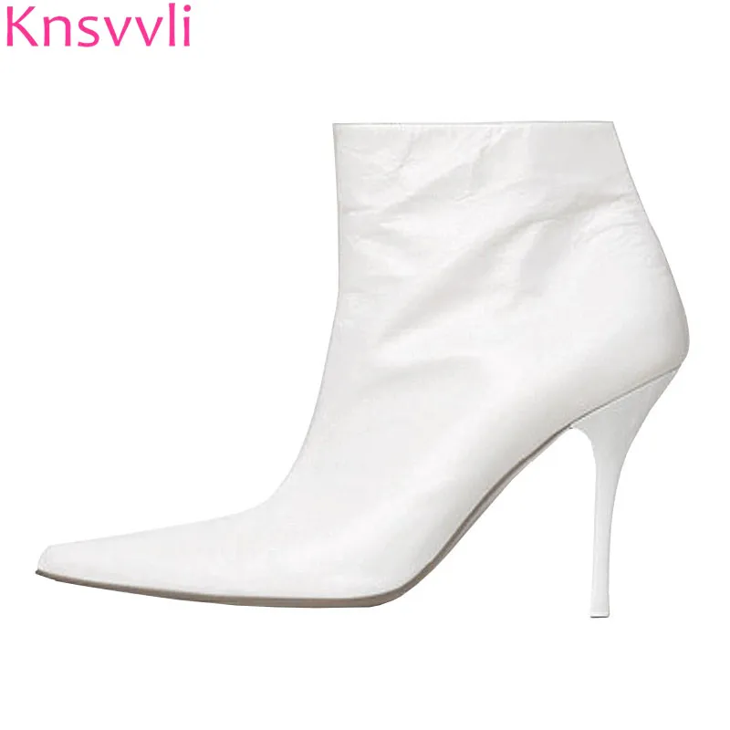 white thin heel booties