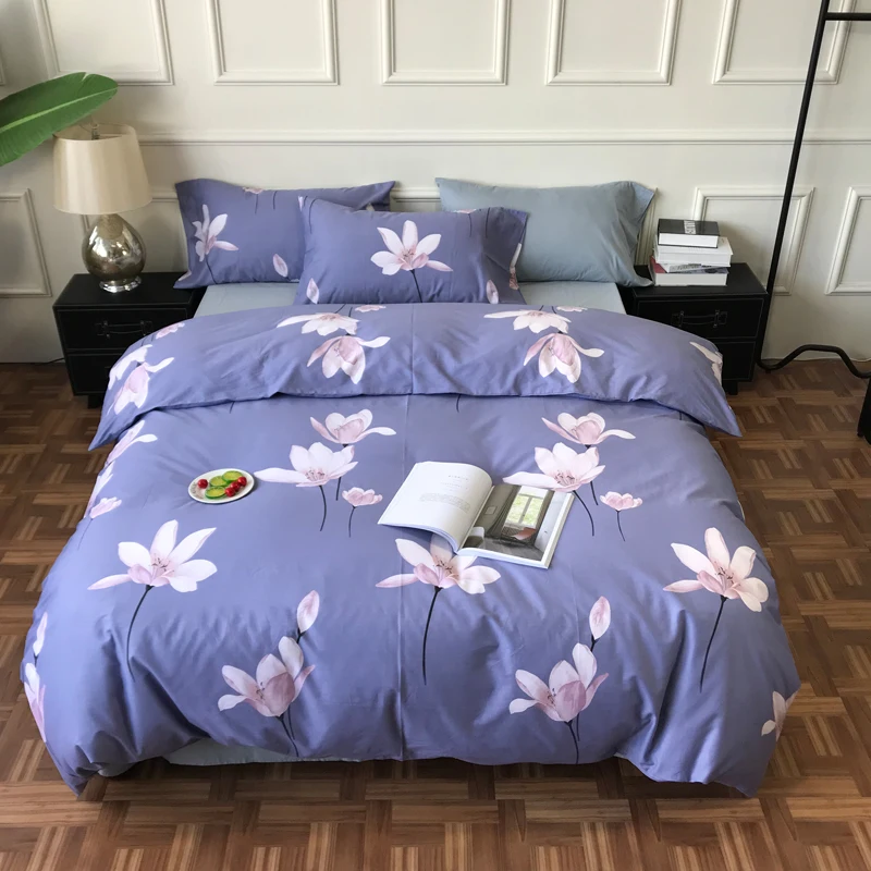 

iDouillet Luxury Lotus Flower Printing Cotton Bedding Set 4-pieces Floral Duvet Cover Pillowcases Flat Sheet Queen King Size