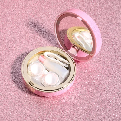 Портативный контактные линзы коробка с светодиодный зеркало с подсветкой для макияжа Для женщин свяжитесь контейнер для линз косметики для Макияжа Косметический карманные зеркала - Цвет: Розовый