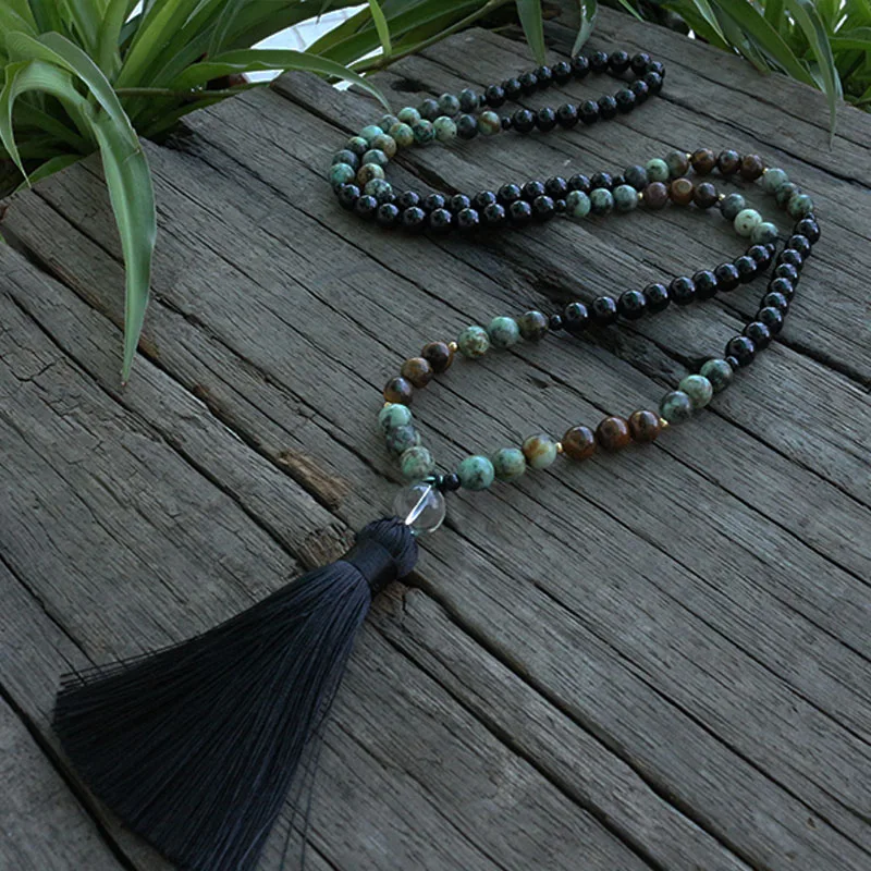 

8mm African Turquoise And Onyx Beads Necklace, Confidence And Lucky JapaMala, 108 Bead Mala, Mala Jewelry, Mala Prayer Beads