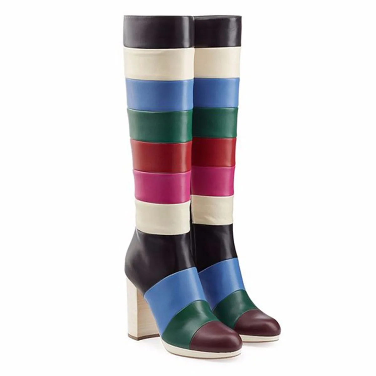 

Womens Multi Color Riding Horse BlocK Heel Shoes Side Zipper Knee High Boots X52