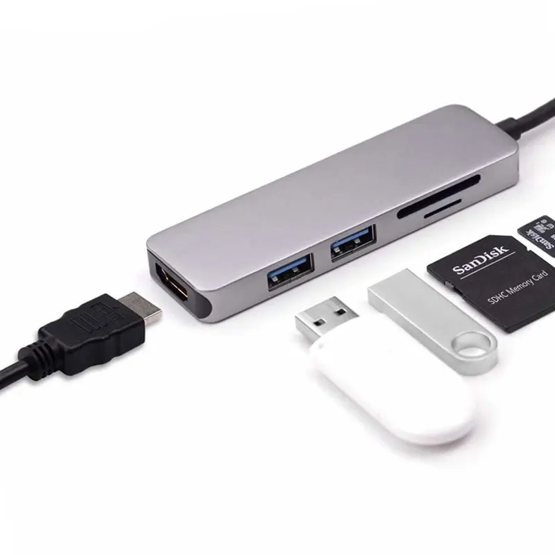 

Thunderbolt 3 USB Type-C Hub Dock to HDMI Adapter 4K with SD/TF Card Reader Slot USB 3.0 Gray for MacBook Pro Dongle
