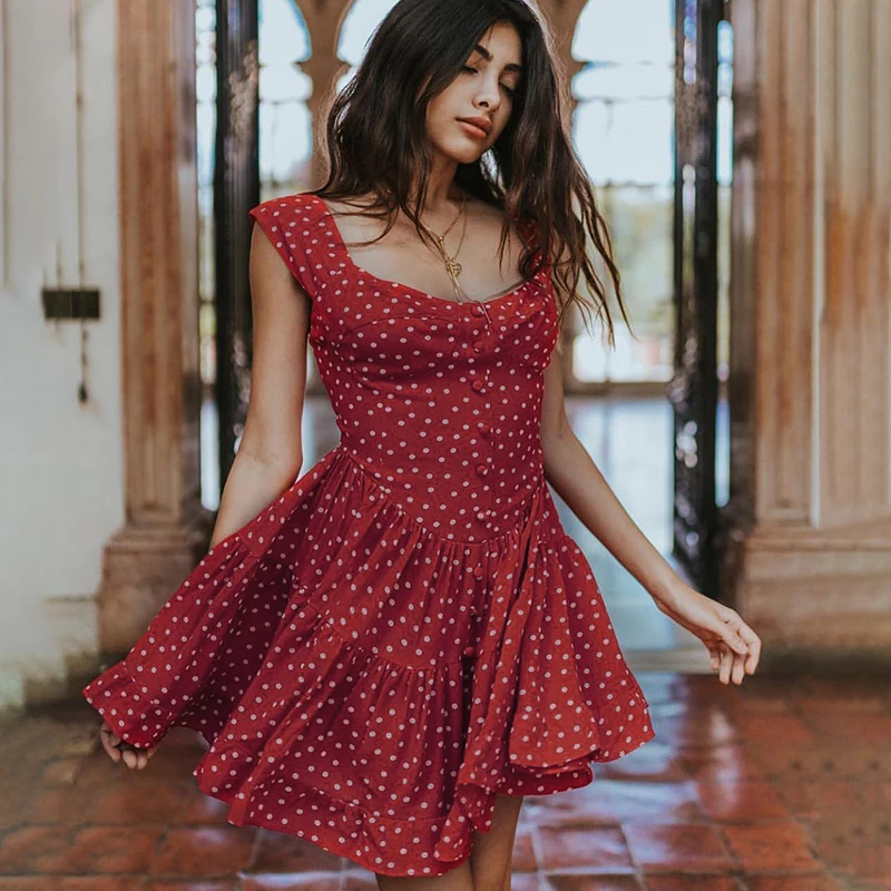 

Retro Wave Point Short Dress Women Vintage Style O-neck Summer Sleeveless Elegant Vextidos Casual Beach Dress Fashion Red Dress