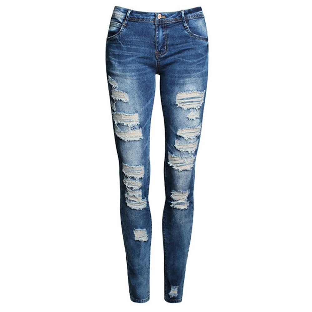 2017 High Street Ladies Cotton Denim Pants Stretch Womens Bleach Ripped
