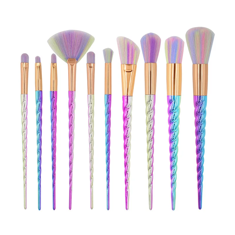 10 шт. набор кистей для макияжа с разноцветными щетинами и ручками в форме рога единорога, фантазийные инструменты для макияжа, основа для теней - Handle Color: only brush