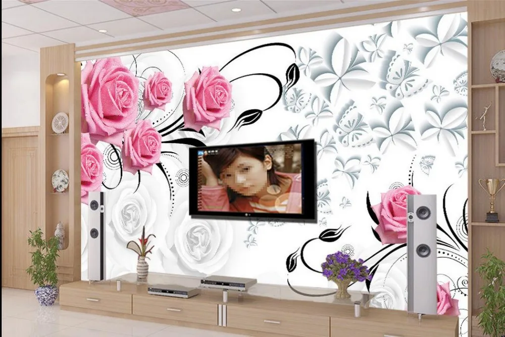 Розовые розы 3d обои цветок для гостиной современные фрески|wallpapers for living room|3d
