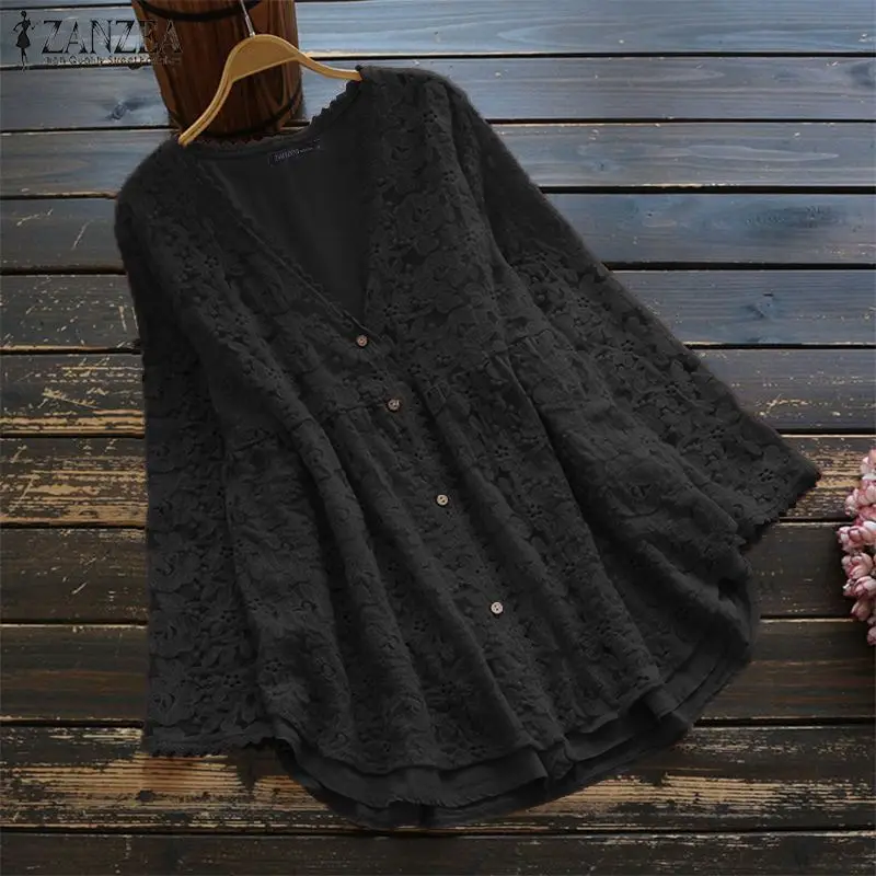 Skup ZANZEA 2019 Sexy kobiety koronki kardigan kimono na co dzień z długim rękawem bluzka z długim rękawem przyciski dół koszule wiosna lato panie tunika Blusas 5XL