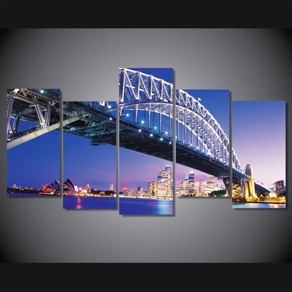 Hot Selling Modern Sydney Bridge At Night Canvas Paintings 5 Panels