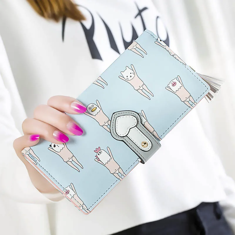  New Korean Hit Color Printing Women Wallets Cute Cartoon PU Leather Phone Wallet Fashion Zip Money Bag Card Purse Coin Packet 