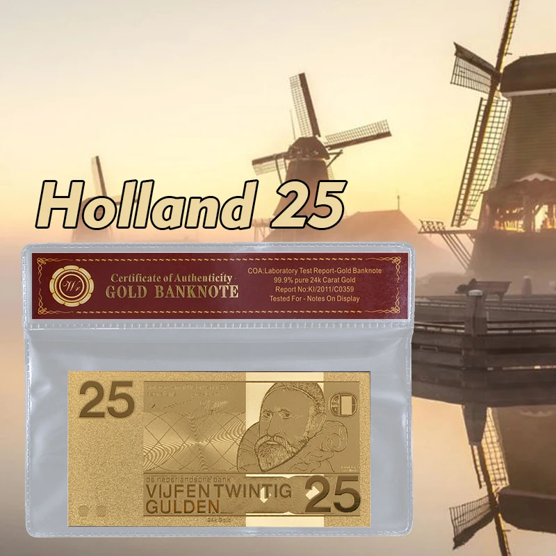 

Netherland Currency Gold Foil Banknote 25 Gulden Gold Plated With COA Frame For Collection Home Decorations Gift For Business