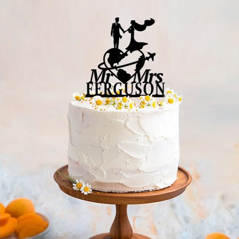 Travel Themed Wedding Cake Topper Mr & Mrs Cake Topper Personalized Last Name Custom Traveling Bride and Groom Cake Topper