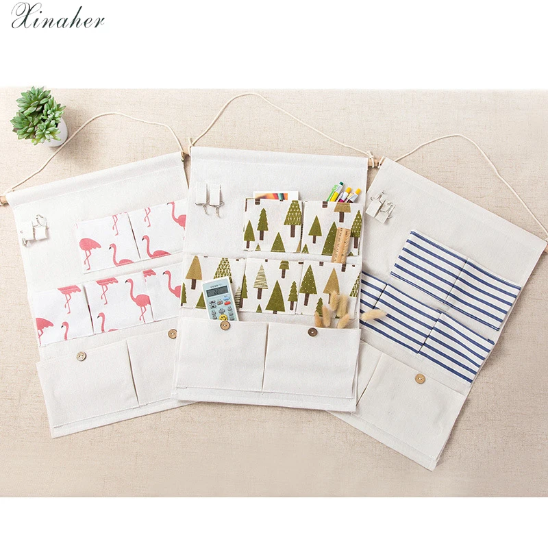 

Flamingo Pattern Cotton Linen Hanging Storage Bag 7 Pockets Wall Mounted Wardrobe Hang Bag Wall Pouch Cosmetic Toys Organizer