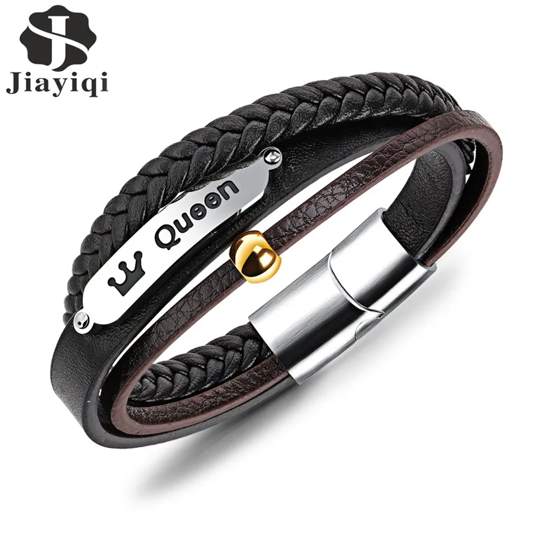 Jiayiqi Punk Genuine Leather Bracelets For Men Jewelry Stainless Steel Queen Bangle Braided Rope Chain Multilayer Wristband Gift | Украшения