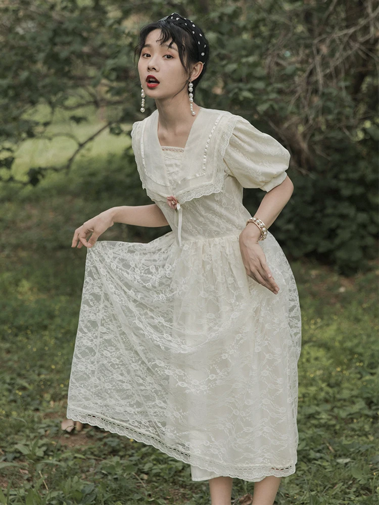 

2019 new fashion women's dresses French retro girl lace dress