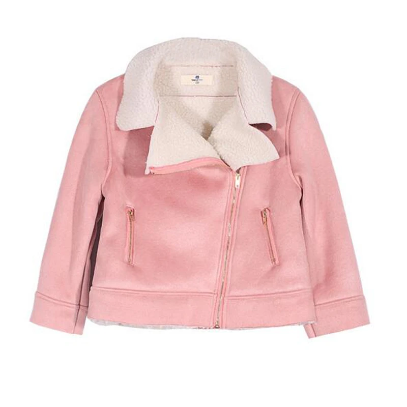 

Autumn New Girl Suede Coats Kids Pink Suede Jacket Warm Fashion Lapel Collar Long Sleeve Zipper Pockets Short Coat Outerwear