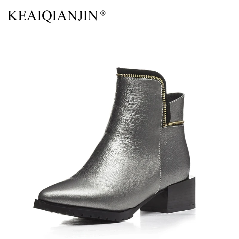 

KEAIQIANJIN Woman High Heels Ankle Boots Autumn Winter Black Bottine Silver Plus Size 33 - 44 Shoes Zipper Genuine Leather Boots