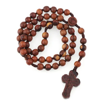 

10mm Good Natural Brown Wood Beads Cord Rosary Necklace with Crucifix ST Benedict NR Holy Jerusalem Rosaries Gift