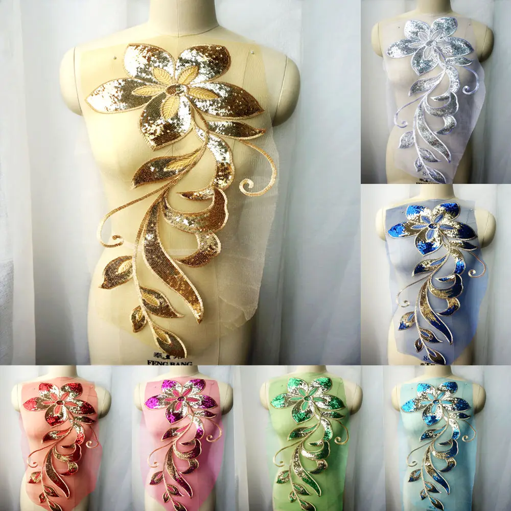

Gold Silver Sequin Flower Leaves Lace Fabric Embroidered Wedding Gown Appliques Collar Mesh Sew Patch For Dress DIY Decoration