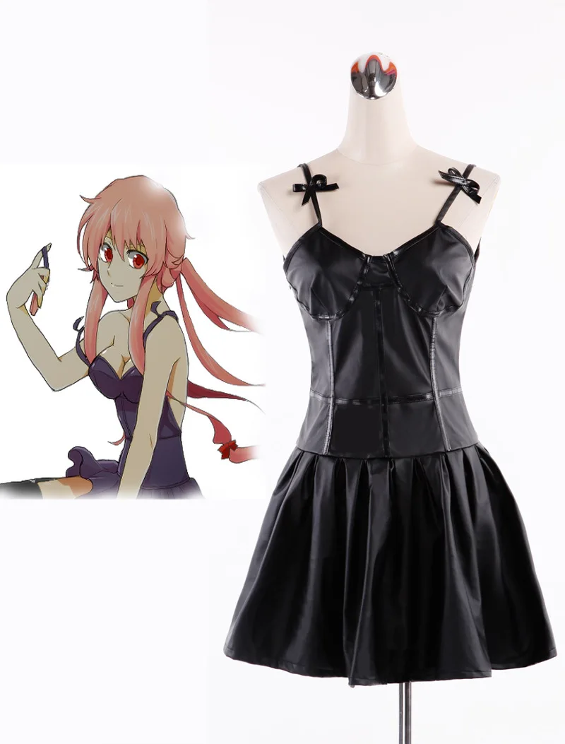 Дневник будущего Mirai Nikki Gasai Yuno косплей костюм аниме черное кожаное платье на