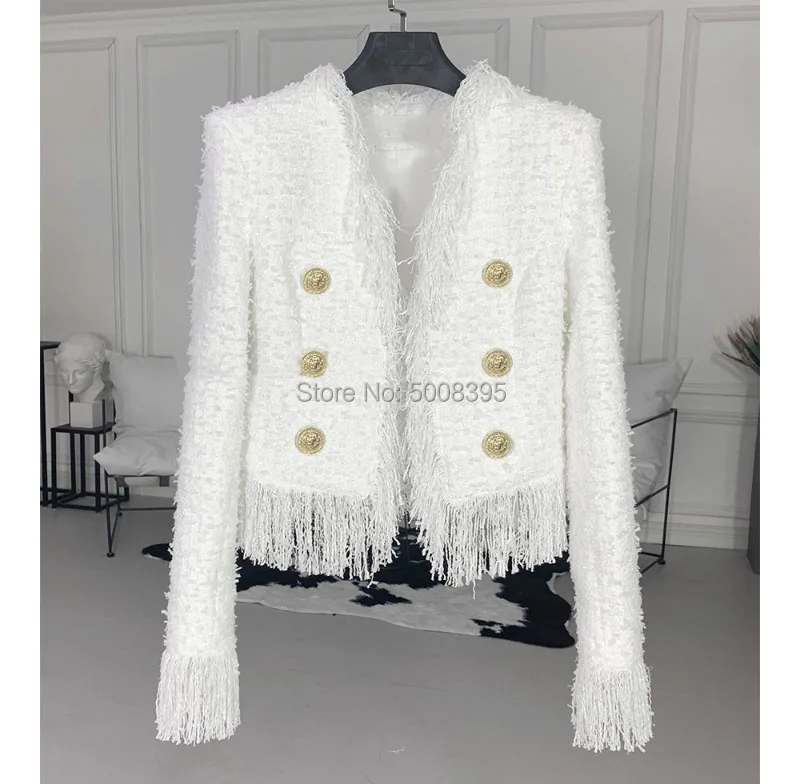 

White Tweed Jacket V-neck Fringed TRIM LONG SLEEVED Dould Breasted Gold Button Long Sleeved Short Jackets