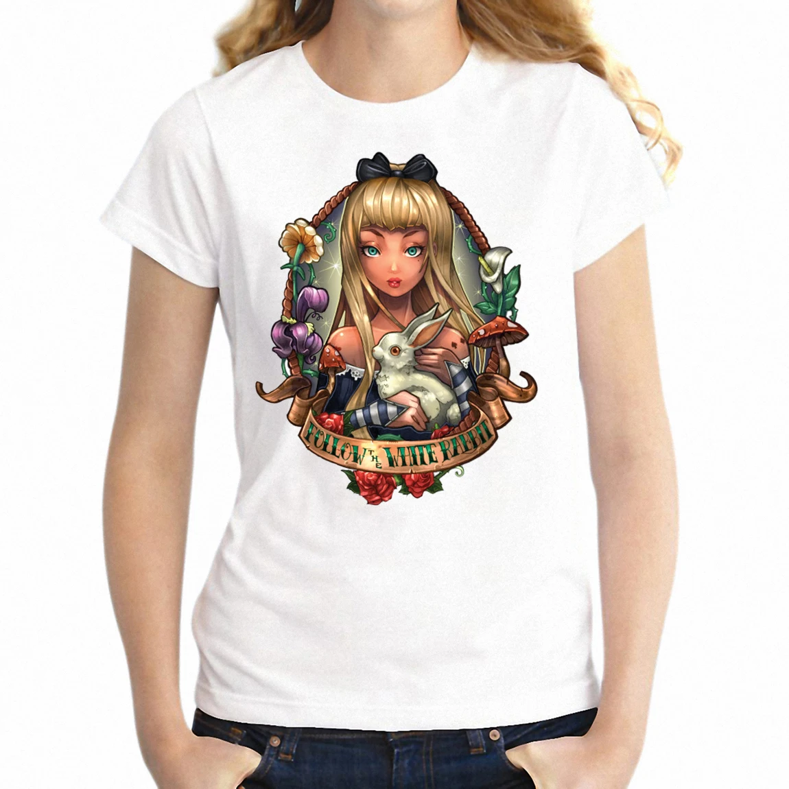 

Women's T Shirt Alice Wonderland Follow The White Rabbit Awesome Printed Girl's Tee