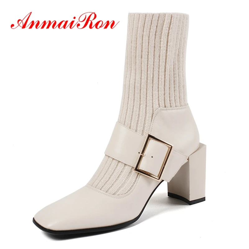 

ANMAIRON Pointed Toe Women W Winter Boots for Girls Square Heel Ankle Boots Buckle Women Shoes ZYL1371