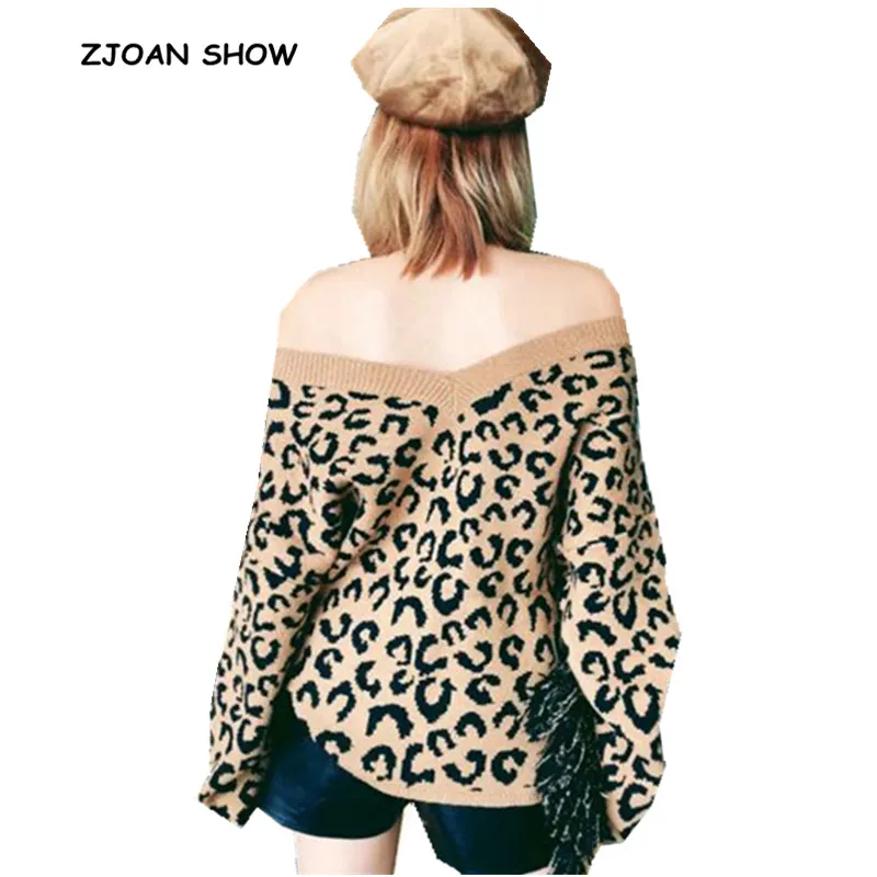 

Sexy V neck Leopard Pattern Sweater Vintage New 2018 Woman Off Shoulder Long sleeve Loose Knitted Pullover Knitwear Sweats Tops