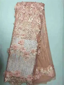 

African Lace Fabric beads 3D Flower Embroidered Nigerian Laces Fabric Bridal High Quality French Tulle Lace Fabric For Women red