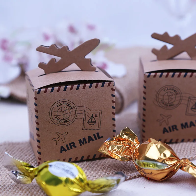 

100pcs New Creative Retro Aircraft candy box Brown Kraft Paper Baby Shower Birthday Party Favors Candy Boxes Wedding Favors Box