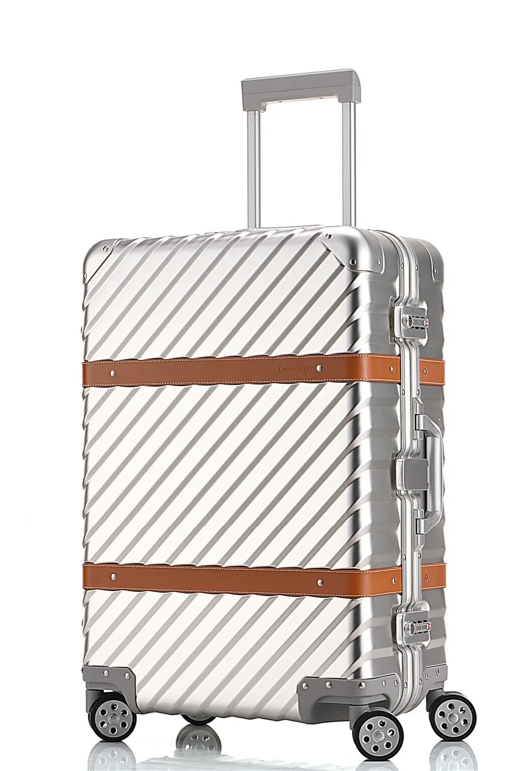 

24 inches inclined stripe aluminium magnesium alloy rod box vintage suitcase metal box with leather luggage female board VERRY