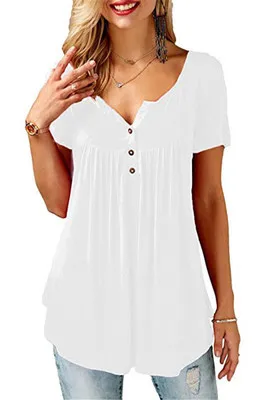 

2019 the new fashion lady pure color hot style smoke plait button loose short sleeve T-shirt top female