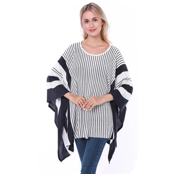 

New Autumn Style Woman Fashion Poncho Bouncy Sweater Plus Size Pullover Women Shawl Stripe Poncho For Lady Coat