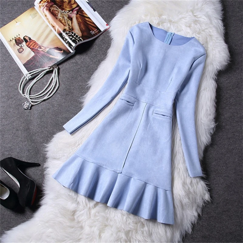 

2019 Autumn Winter Women Leather Suede Bodycon Dress Casual Office Party Ruffles Slim Robe Vintage Elegant Ladies Pink Dresses