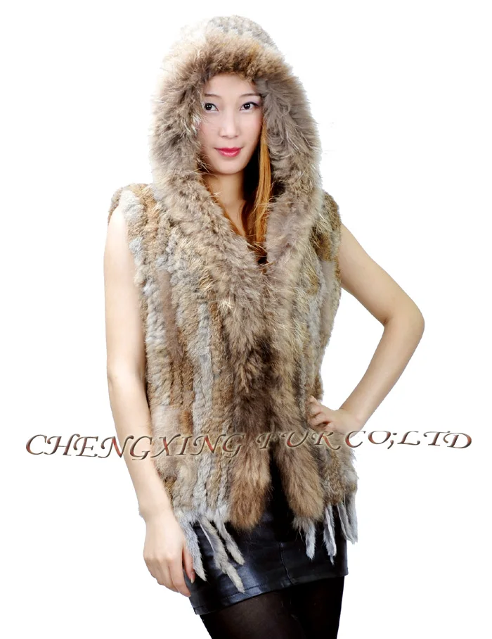 CX-G-B-97E осень-зима женский жилет из натурального кроличьего меха с капюшоном меховой жилет Зимняя утепленная теплая меховая одежда - Цвет: natural brown