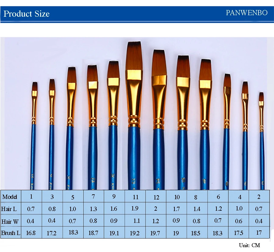 12 шт. смешанный размер плоская головка кисти для рисования Синий нейлон кисти для рисования для канцелярские творческие принадлежности